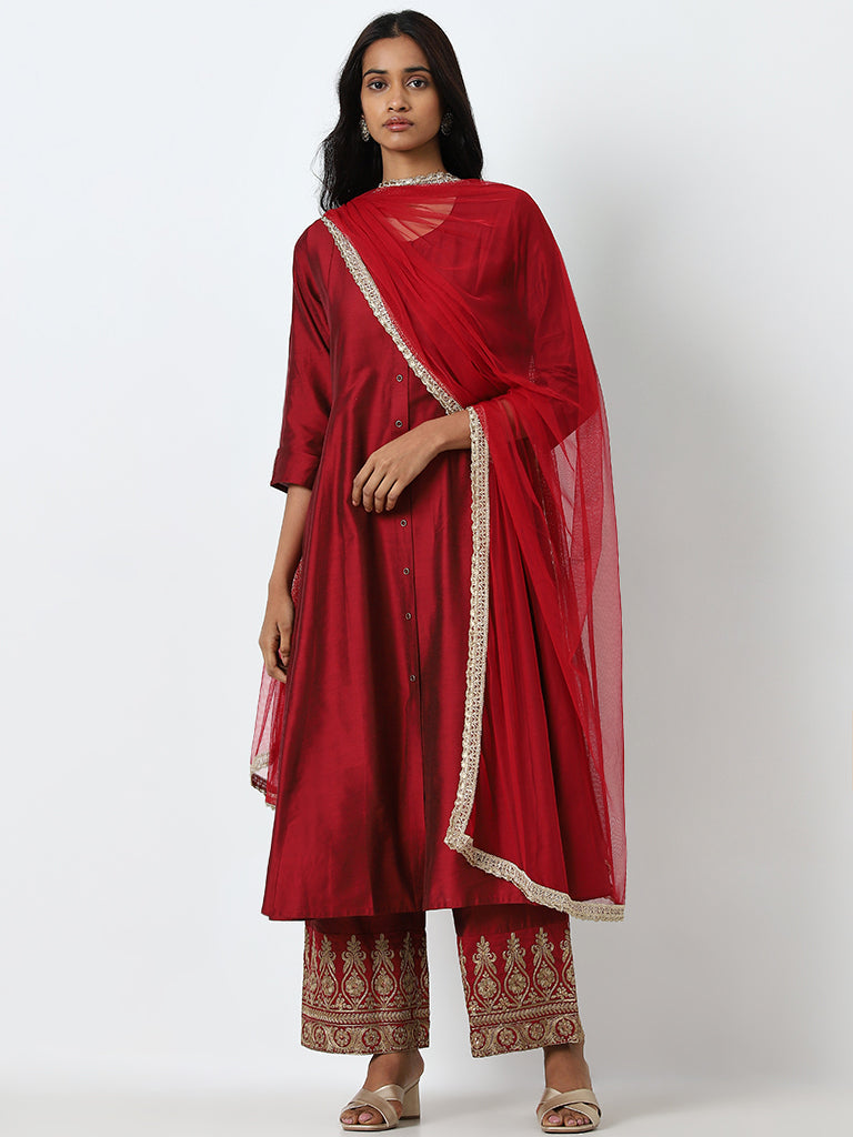 Vark Maroon Fit-and-Flare Kurta, Palazzos and Dupatta Set