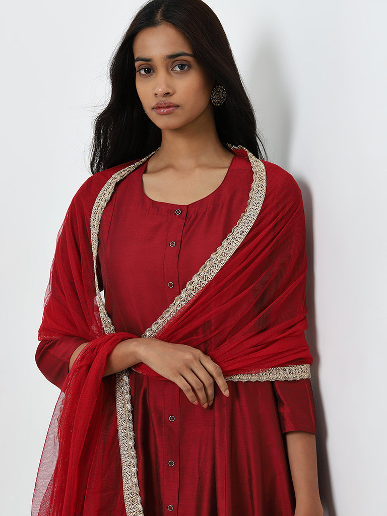 Vark Maroon Fit-and-Flare Kurta, Palazzos and Dupatta Set