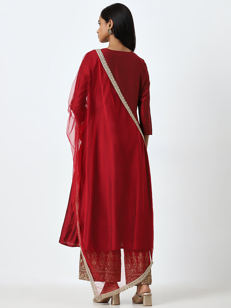 Vark Maroon Fit-and-Flare Kurta, Palazzos and Dupatta Set