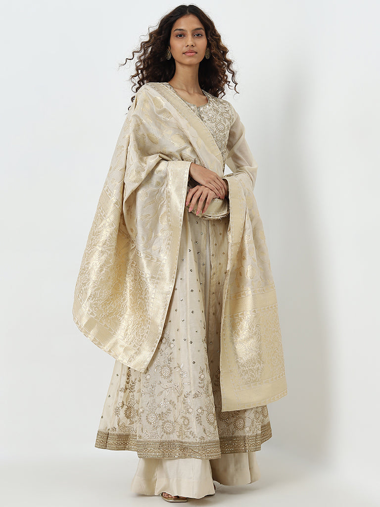 Vark Beige Embroidered Kurta, Skirt and Dupatta Set