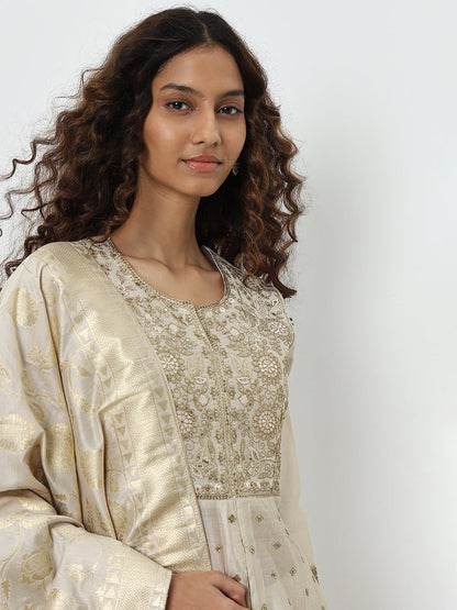 Vark Beige Embroidered Kurta, Skirt and Dupatta Set