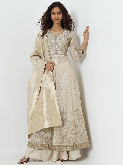 Vark Beige Embroidered Kurta, Skirt and Dupatta Set