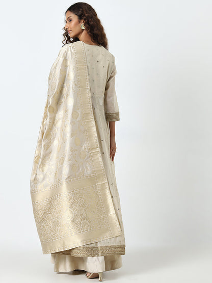 Vark Beige Embroidered Kurta, Skirt and Dupatta Set