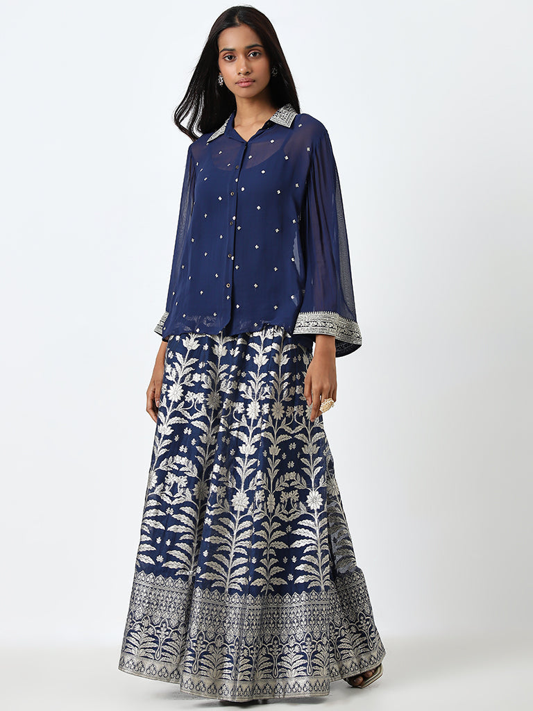 Vark Navy Embellished Shirt, Inner and Brocade Skirt Set