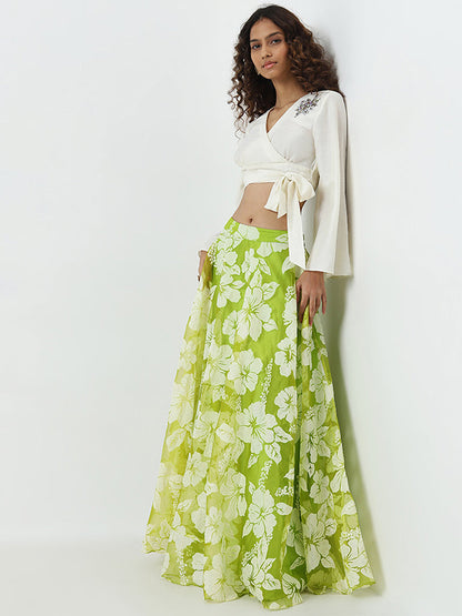 Vark Lime Floral Flared Skirt