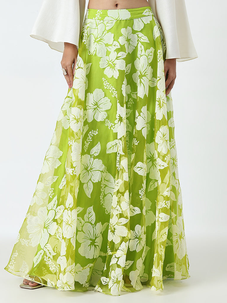 Vark Lime Floral Flared Skirt