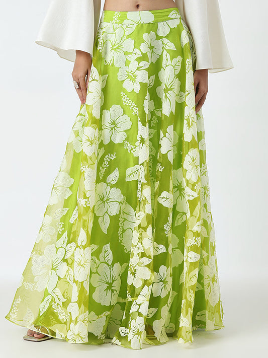 Vark Lime Floral Flared Skirt