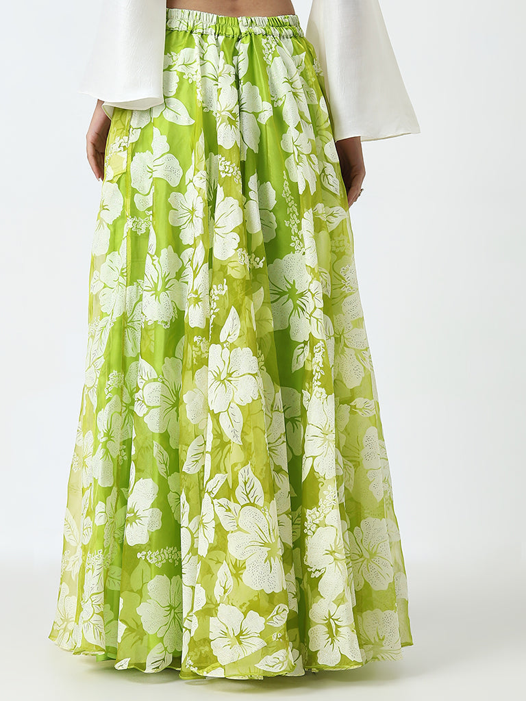 Vark Lime Floral Flared Skirt