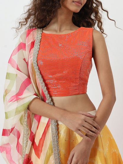 Vark Orange Embellished Top, Skirt and Dupatta Set