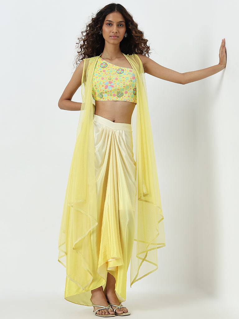 Vark Yellow Floral Embellished Blouse, Skirt and Shrug Set