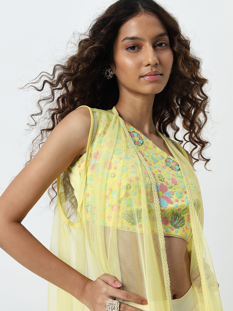 Vark Yellow Floral Embellished Blouse, Skirt and Shrug Set