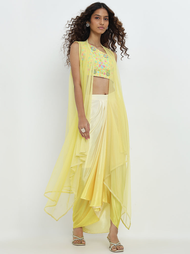 Vark Yellow Floral Embellished Blouse, Skirt and Shrug Set