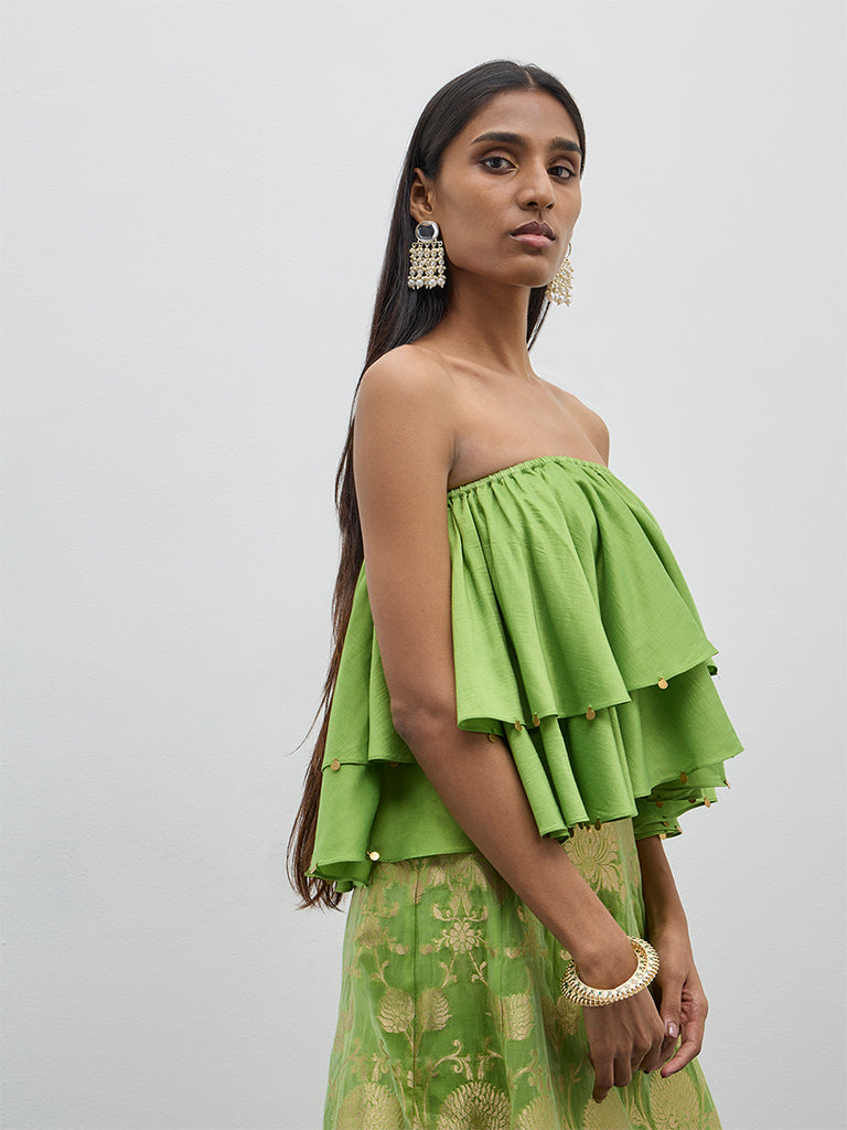 Vark Light Green Frill-Designed Off-Shoulder Top