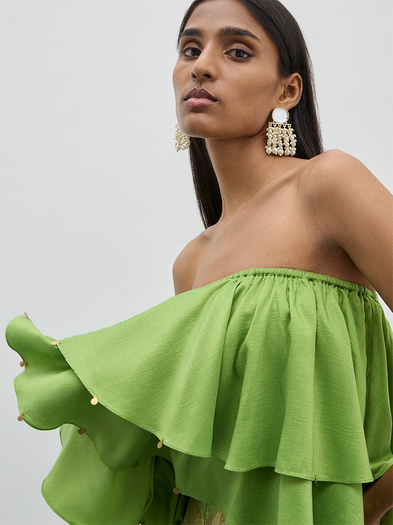 Vark Light Green Frill-Designed Off-Shoulder Top