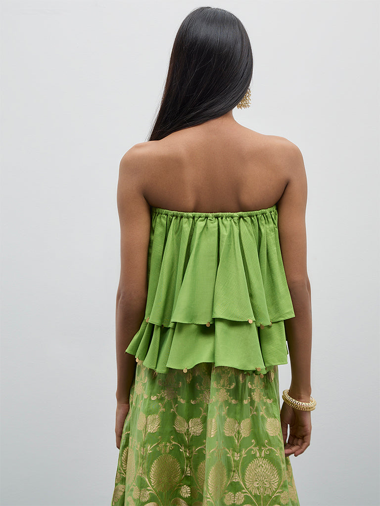 Vark Light Green Frill-Designed Off-Shoulder Top