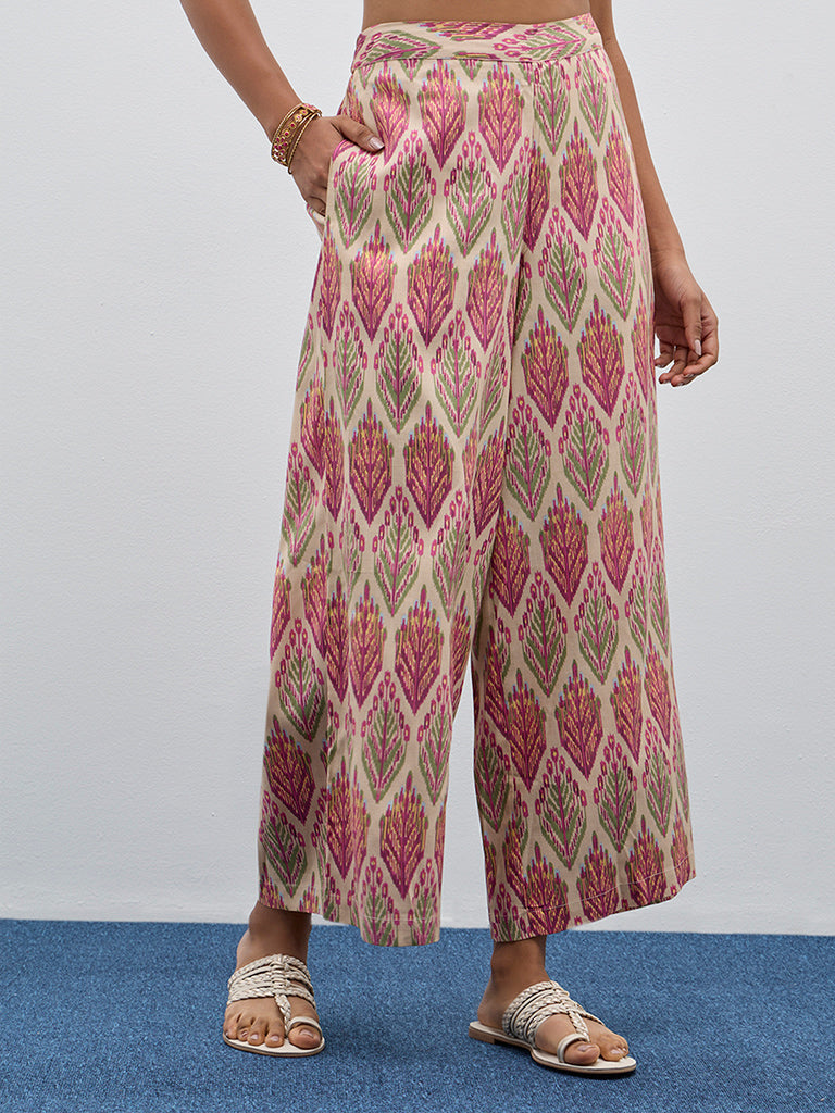 Utsa Beige Ikat Design High-Rise Palazzos