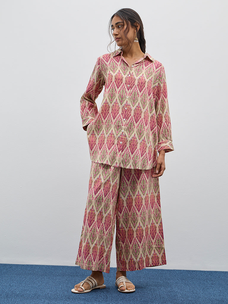 Utsa Beige Ikat Design High-Rise Palazzos