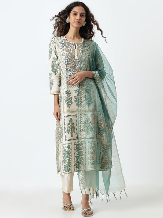 Vark Green Embroidered Straight Kurta, Pants and Dupatta Set