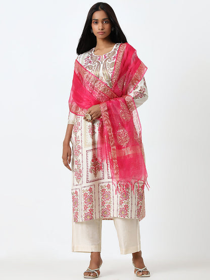 Vark Pink Embroidered Straight Kurta, Pants and Dupatta Set