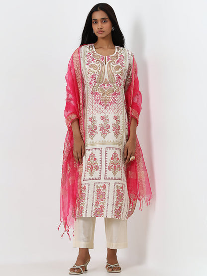 Vark Pink Embroidered Straight Kurta, Pants and Dupatta Set