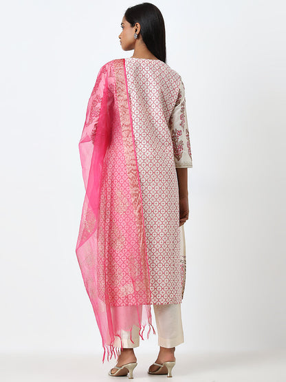 Vark Pink Embroidered Straight Kurta, Pants and Dupatta Set