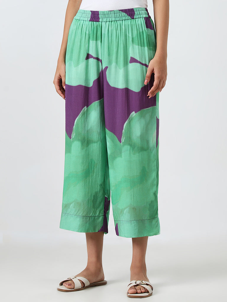 Utsa Green Floral High-Rise Palazzos