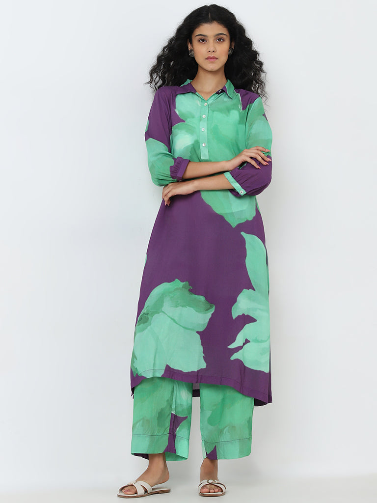 Utsa Green Floral High-Rise Palazzos