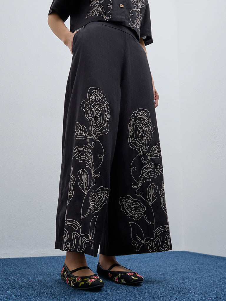 Bombay Paisley Black High-Rise Cotton Blend Palazzos