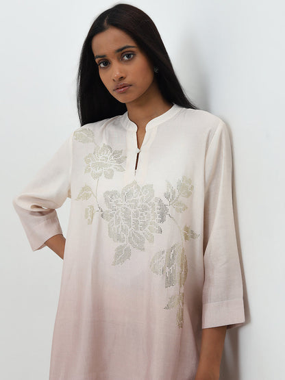 Vark Beige Floral Embroidered A-Line Tunic & Palazzos Set