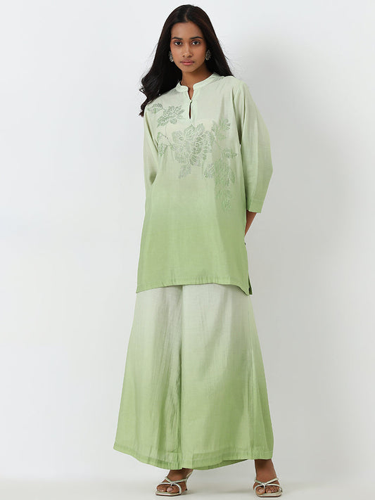 Vark Light Green Floral Embroidered A-Line Tunic & Palazzos Set