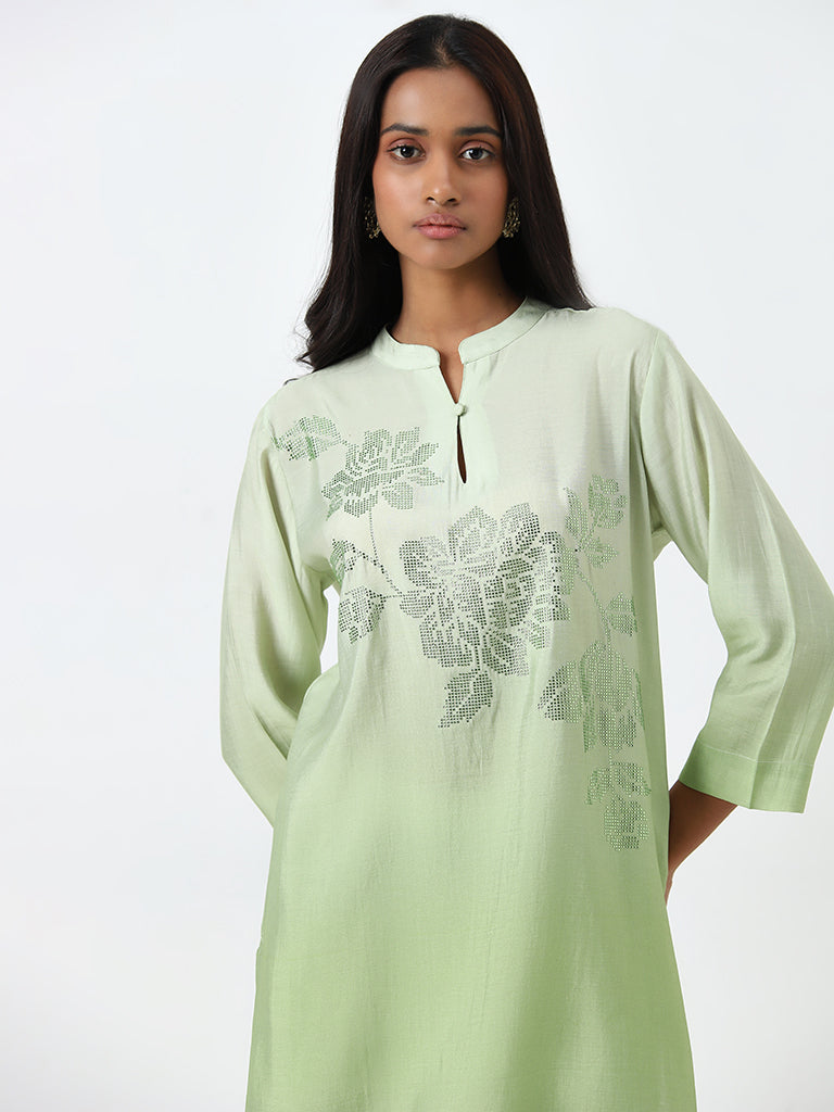 Vark Light Green Floral Embroidered A-Line Tunic & Palazzos Set