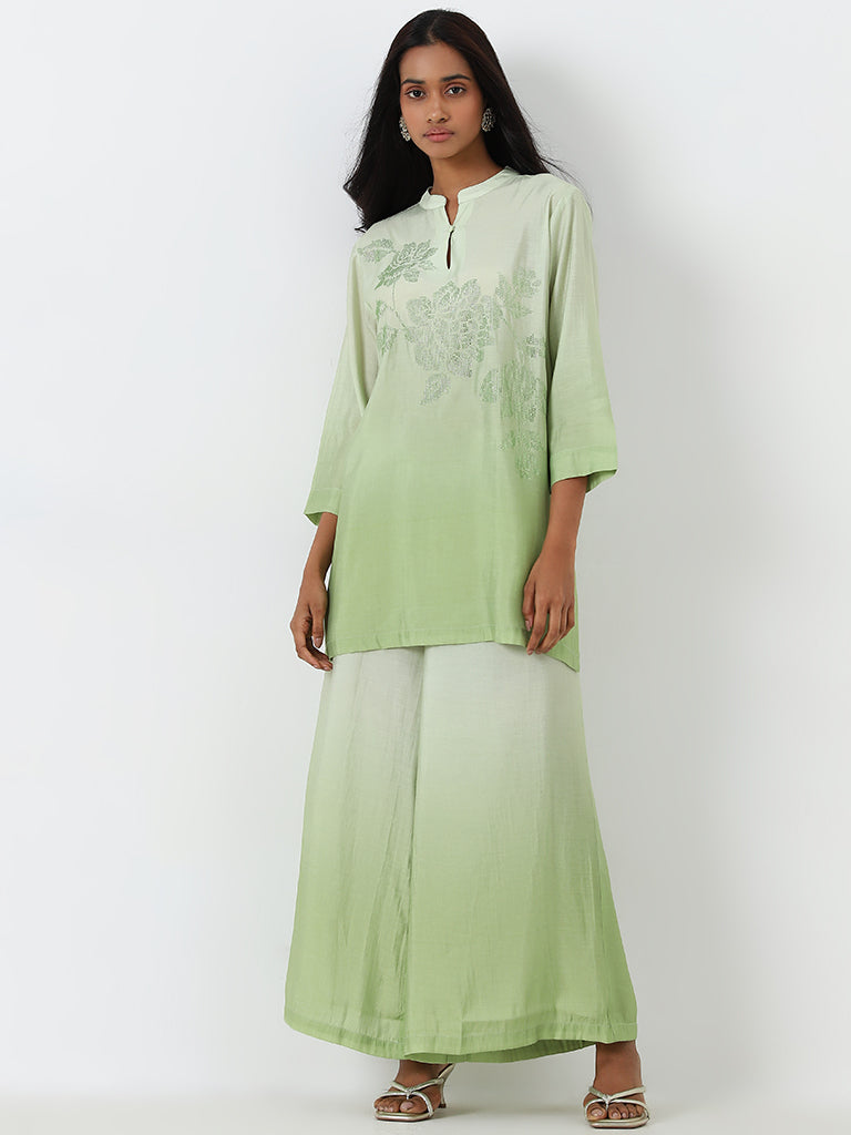 Vark Light Green Floral Embroidered A-Line Tunic & Palazzos Set