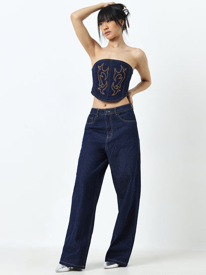 Nuon Navy Embroidered Denim Top