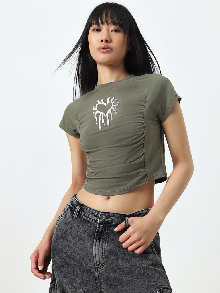 Nuon Dark Olive Printed and Ruched Cotton Blend Top