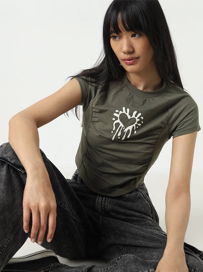 Nuon Dark Olive Printed and Ruched Cotton Blend Top