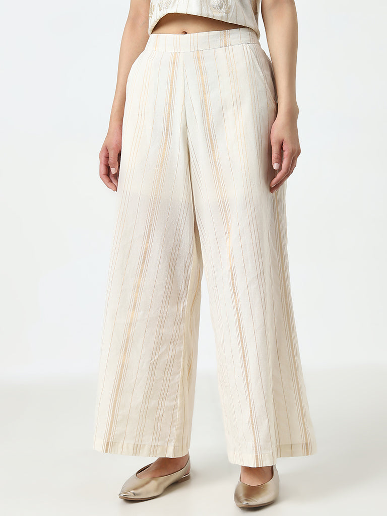 Bombay Paisley Off-White High-Rise Cotton Blend Palazzos