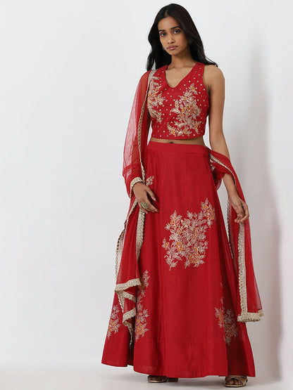 Vark Red Floral Embroidered Choli, Ghagra and Dupatta Set