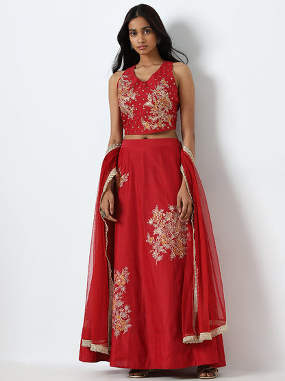 Vark Red Floral Embroidered Choli, Ghagra and Dupatta Set