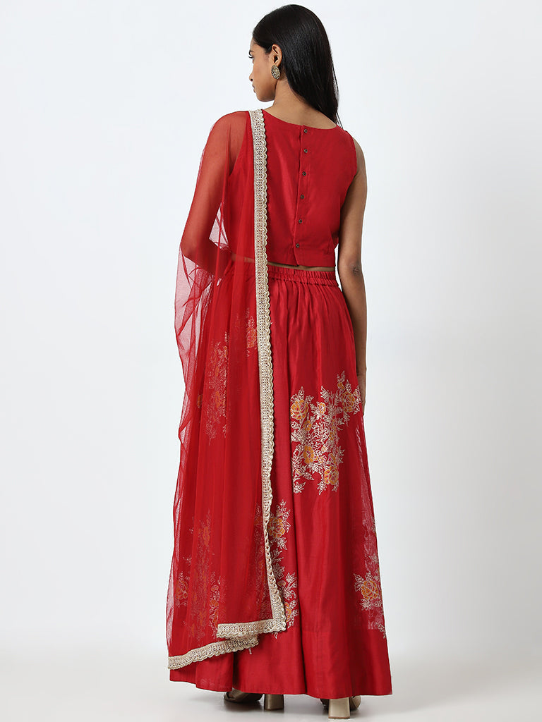 Vark Red Floral Embroidered Choli, Ghagra and Dupatta Set