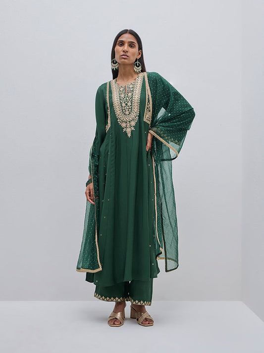 Vark Dark Green Embroidered Kurta, Palazzos & Dupatta Set