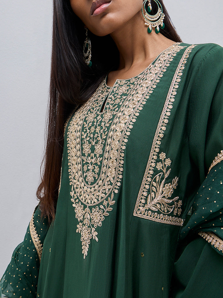 Vark Dark Green Embroidered Kurta, Palazzos & Dupatta Set