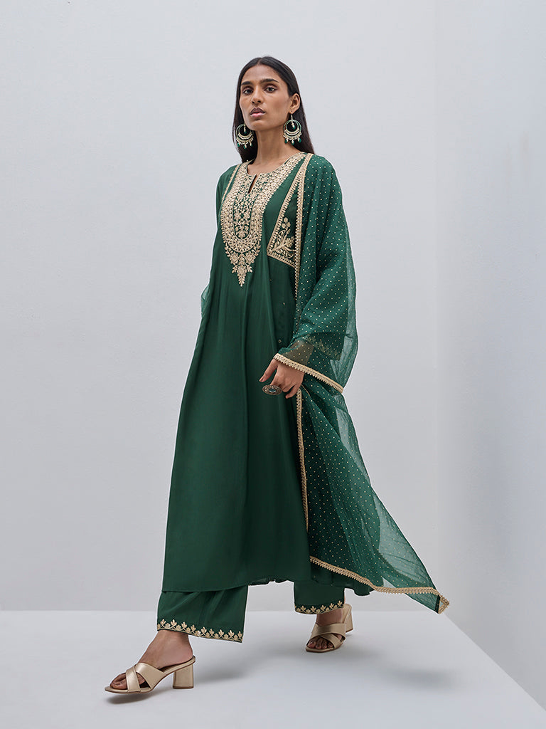 Vark Dark Green Embroidered Kurta, Palazzos & Dupatta Set