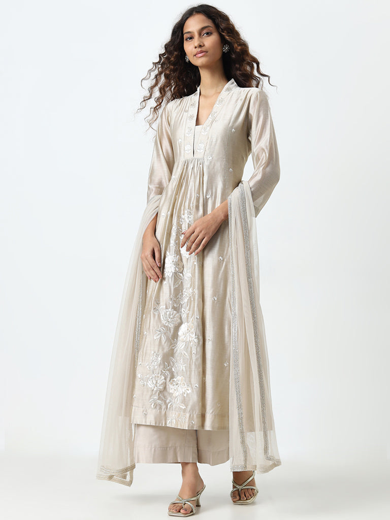 Vark Beige Floral Embroidered Kurta, Pants and Dupatta Set