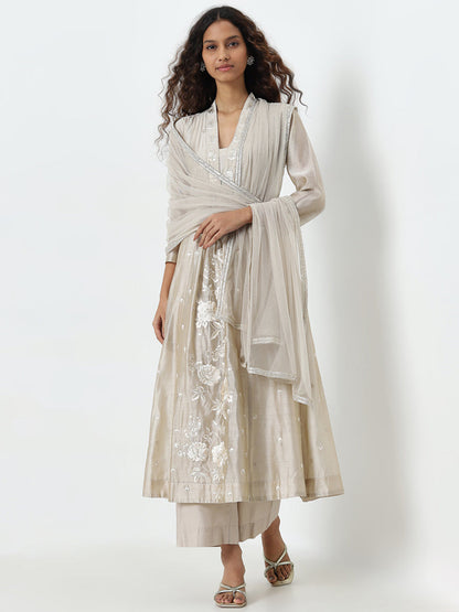 Vark Beige Floral Embroidered Kurta, Pants and Dupatta Set