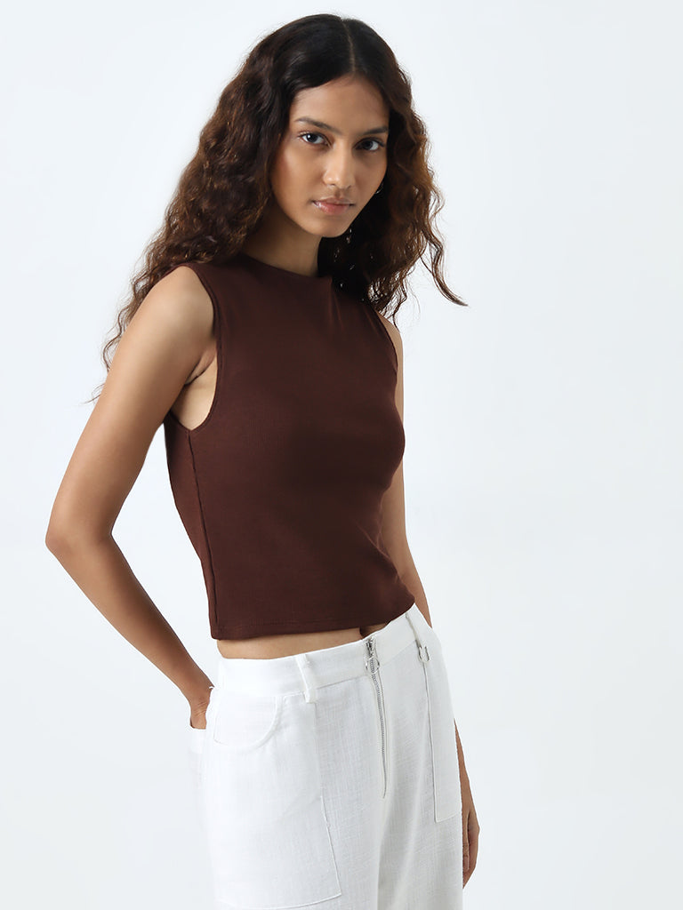 Nuon Brown Ribbed Cotton Blend Top