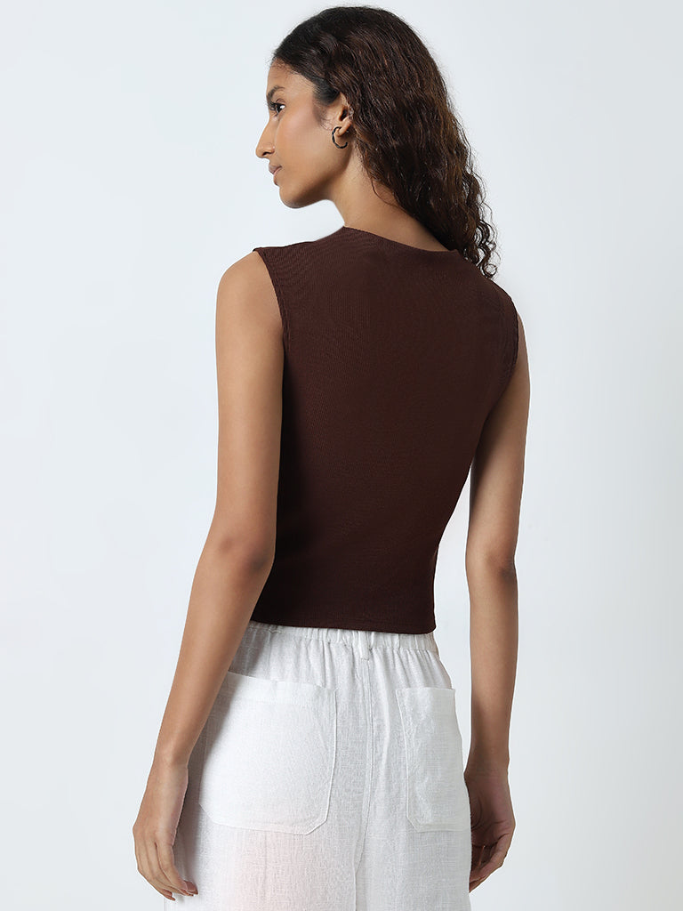 Nuon Brown Ribbed Cotton Blend Top