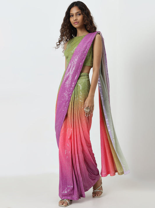 Vark Multicolour Ombre-Finish Saree with Blouse Set