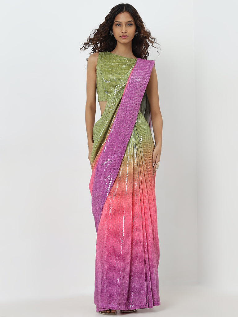 Vark Multicolour Ombre-Finish Saree with Blouse Set