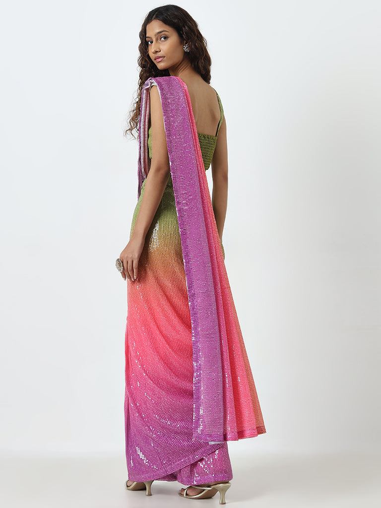 Vark Multicolour Ombre-Finish Saree with Blouse Set