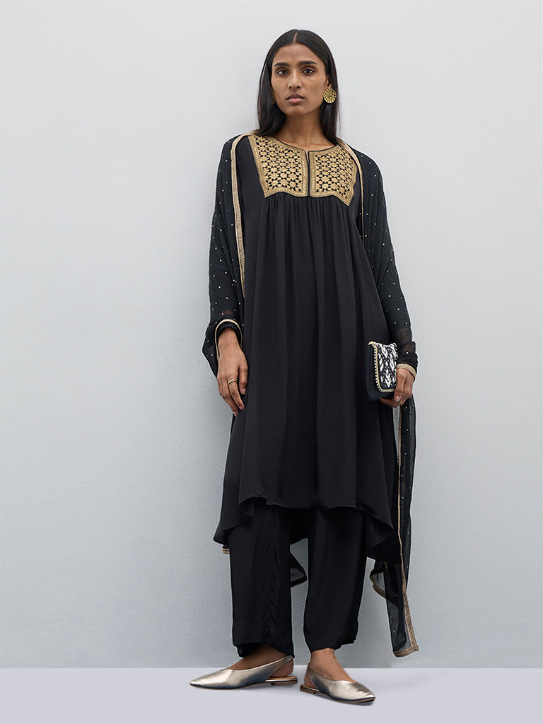 Vark Black Fit and Flare Kurta, Pants and Dupatta Set